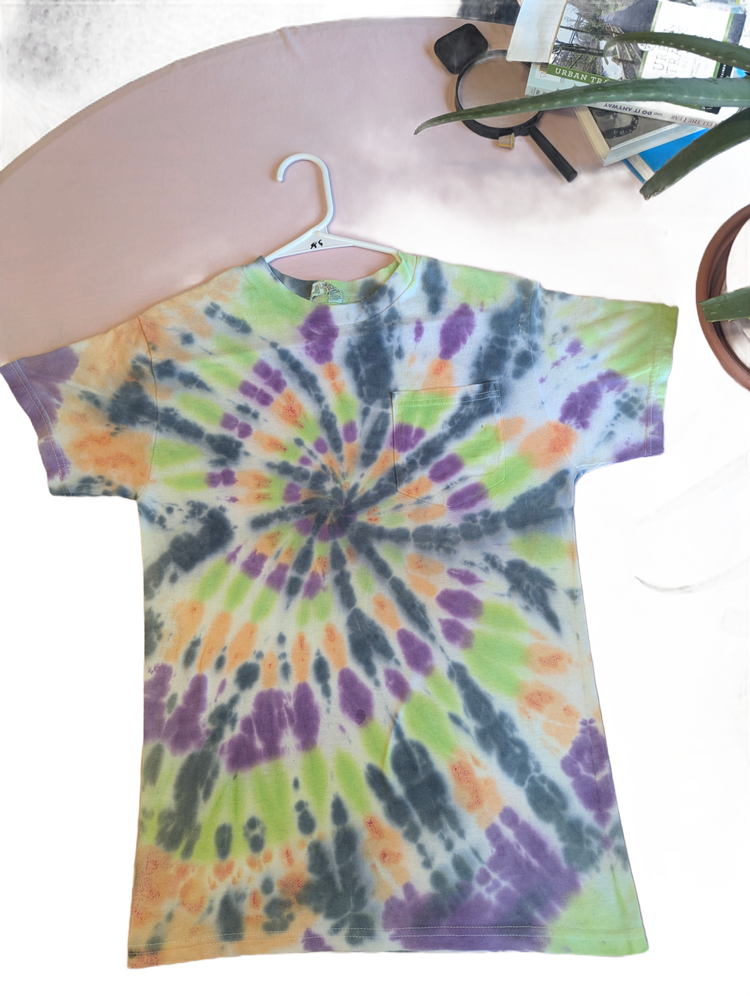 Purple, green, and orange spiral tie-dye t-shirt