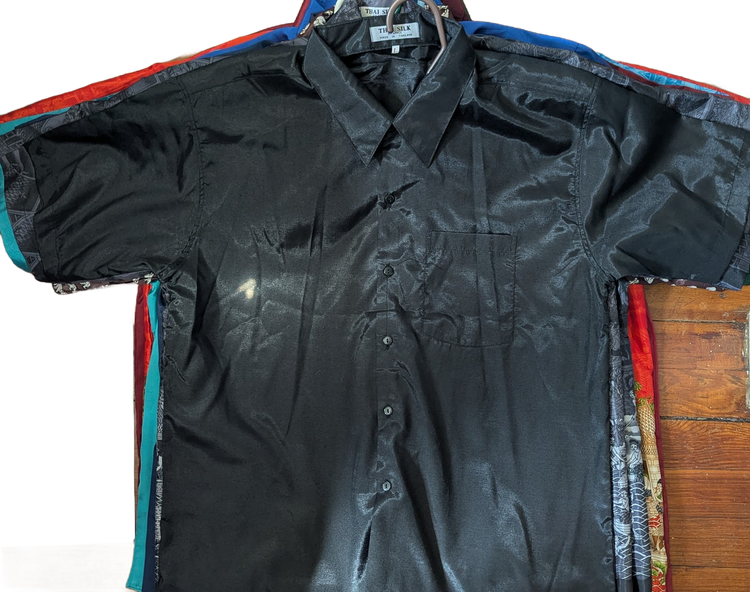 Thai Silk Shirt - Black Jacquard Short Sleeve