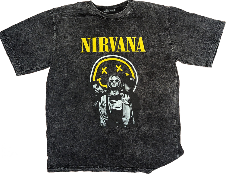 Nirvana Acid Wash Band Photo & Smiley Face T-Shirt