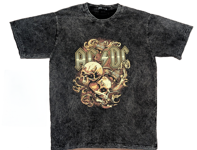AC/DC Skull & Scrollwork Acid Wash T-Shirt – Charcoal