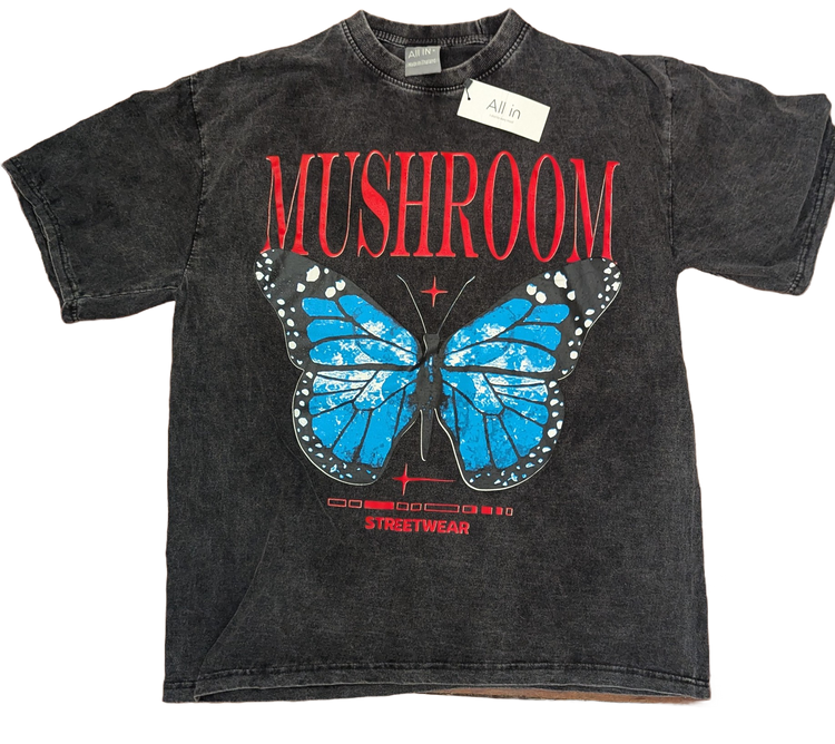 Mushroom Streetwear Blue Butterfly Acid Wash T-Shirt – Charcoal
