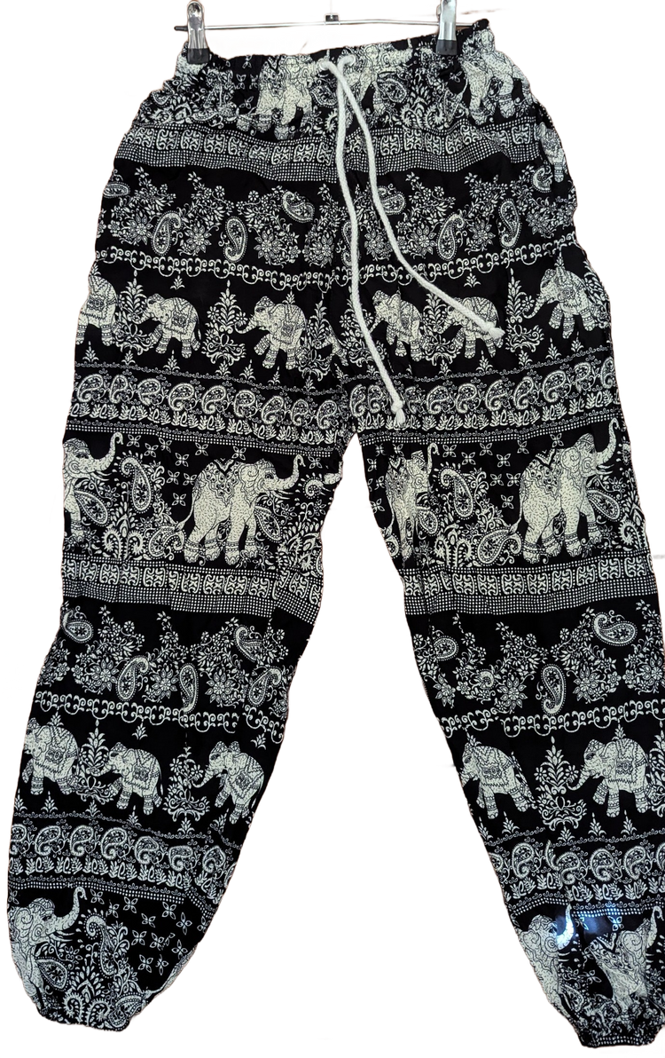 Black & White Elephant Paisley Stripe Harem Pants – Hand Selected in Thailand