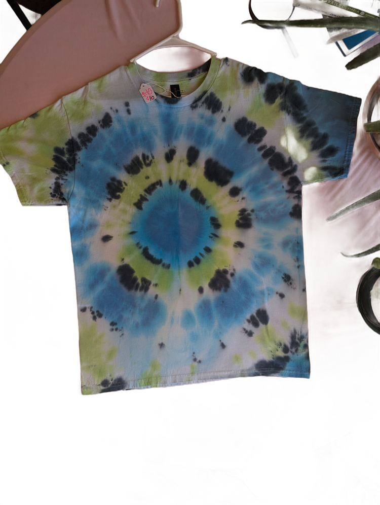 Blue, green, and black bullseye tie-dye t-shirt